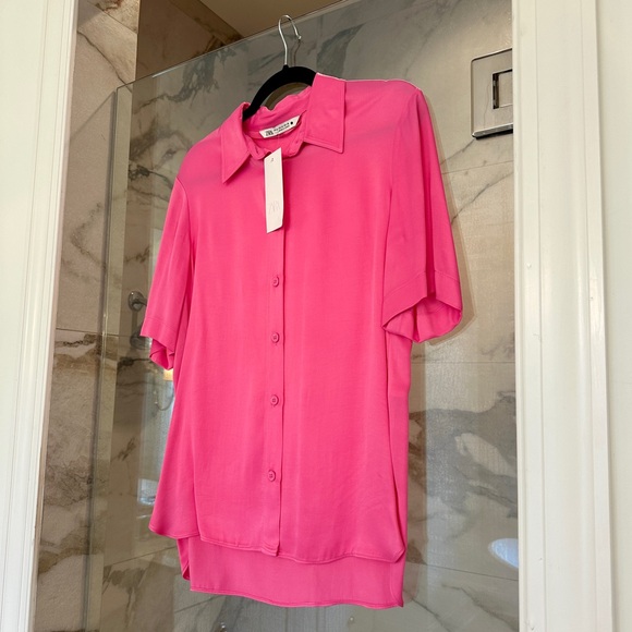 NWT Zara Satin Effect Button Down Blouse, Bright Pink, Med - Picture 3 of 7